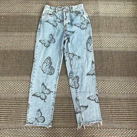 Pacsun - high rise straight medium wash with butterfly print - button fly - 25 - Picture 1 of 6